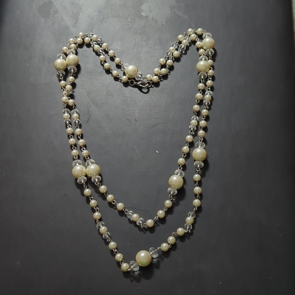 Silver Tone White Faux Pearl and Clear Crystal Long Statement Necklace